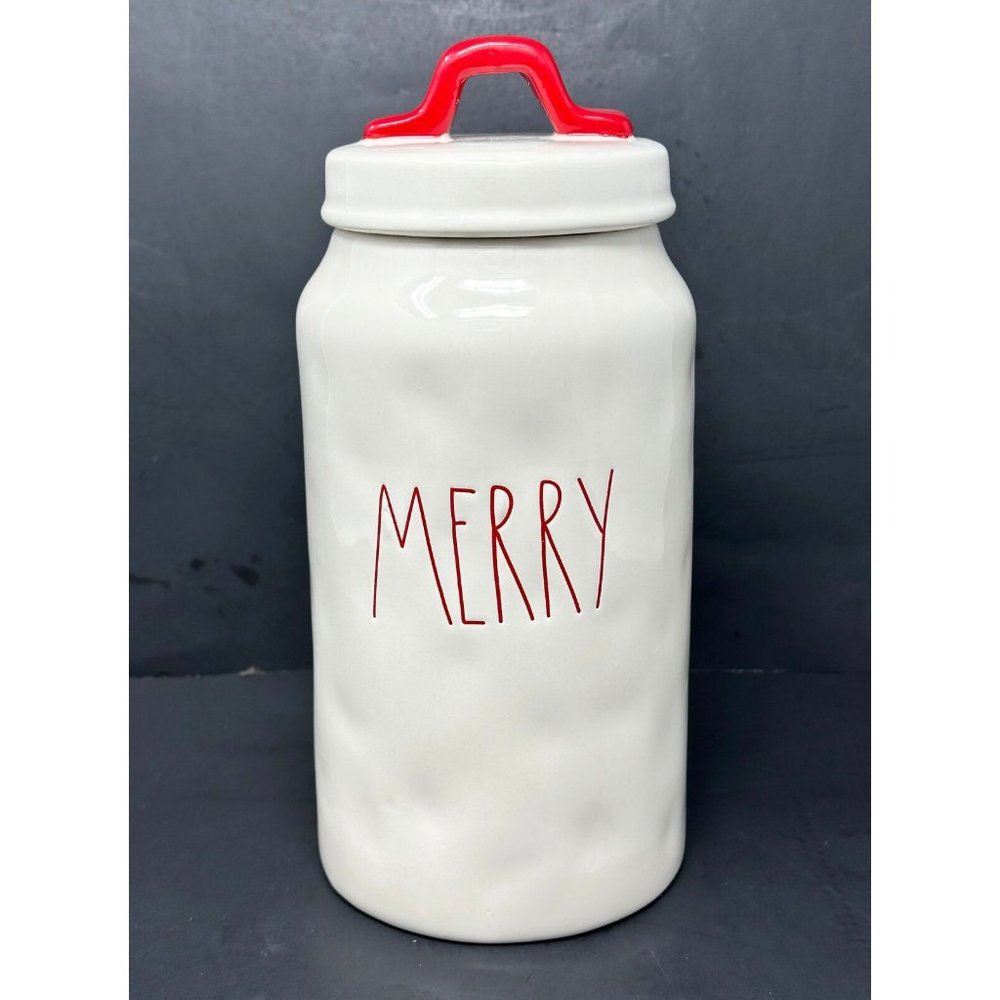 RAE DUNN MERRY Canister Red Handle Lid Christmas Holiday LL Long Letter Magenta
